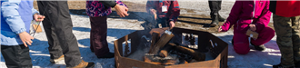 group of people around a fire pit during the winter